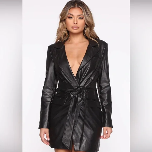 BLACK FAUX LEATHER BELTED BLAZER DRESS